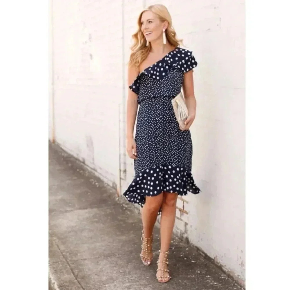 A New Day Navy Polka‎ Dot One Shoulder Midi Dress